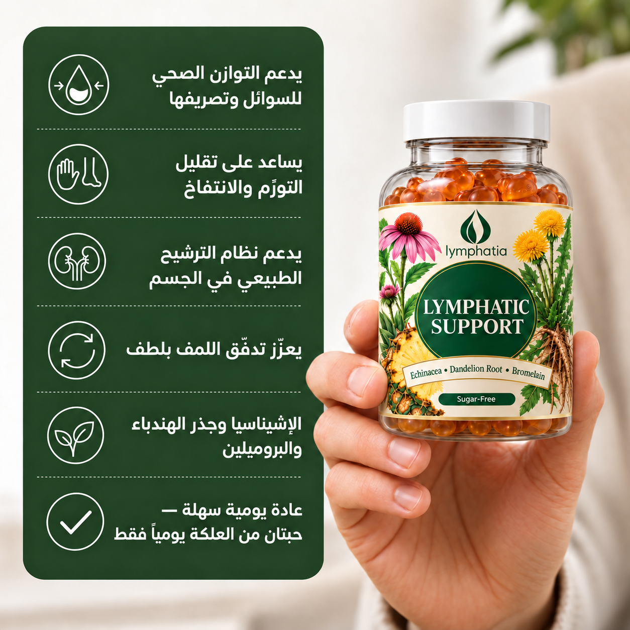 يد تحمل عبوة Lymphatia بجانب مزايا المنتج