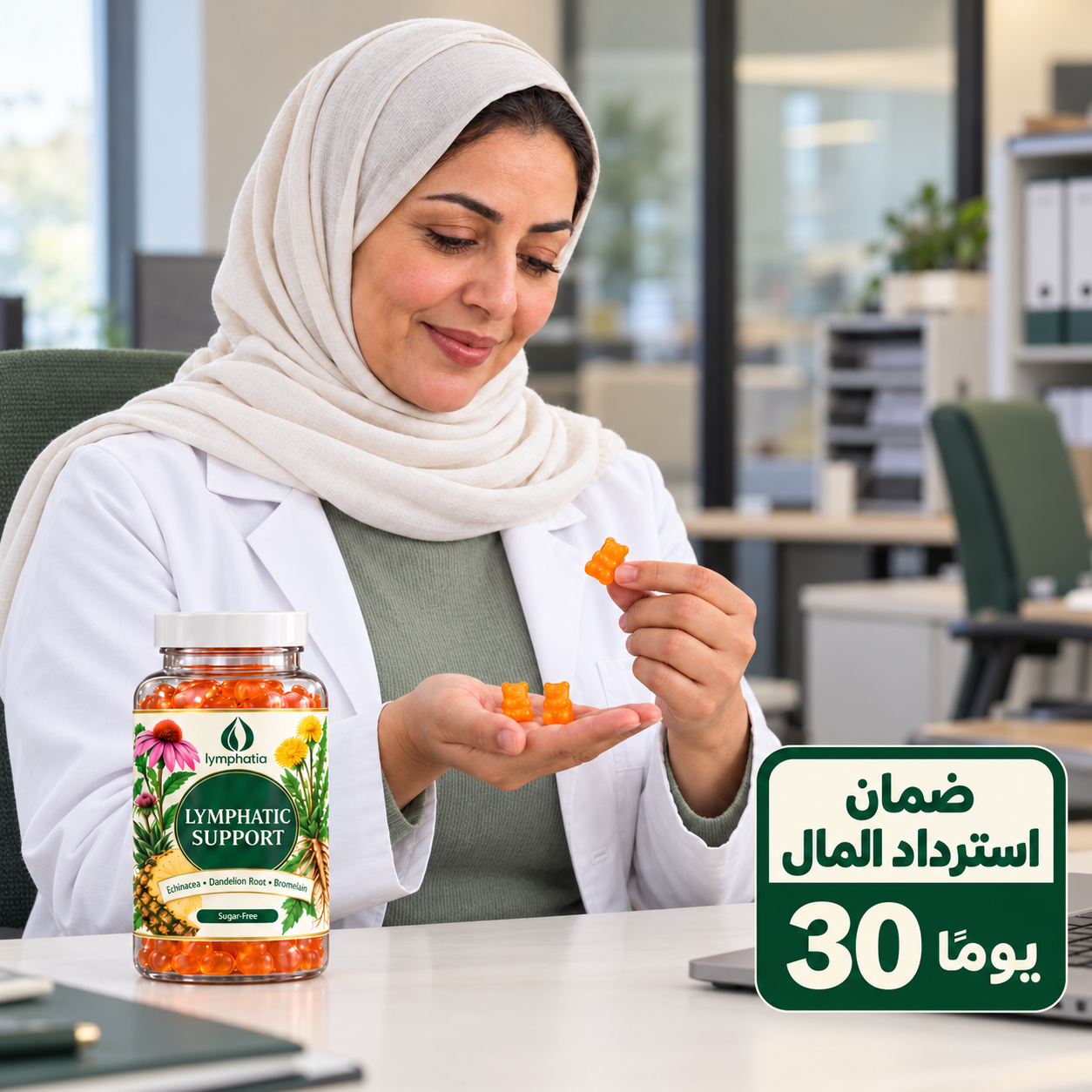 مشهد توضيحي لامرأة تتفقد علكات Lymphatia في مكتب حديث مع ضمان استرداد المال خلال 30 يومًا